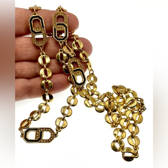 Vintage 1980s Signed DVF Gold Tone & Enamel Linked Necklace Swarovski Crystals - Picture 6 of 7
